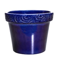 Runder Garten Pflanztopf Mit Verzierung Aus Steinzeug - Frostsicher - Blau - Inka Nubes Azur